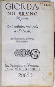 Res 28610 Titulní strana De lInfinito Universo et Mondi od Giordana Bruna, vydaná v Londýně, 1584 (tištěný papír) od English School