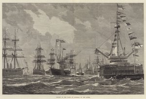 Recenze flotily v Spithead od královny (rytina) od English School