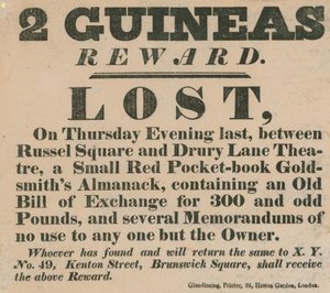 Oznámení o odměně nabízející 2 guinee za vrácení malé červené peněženky od English School