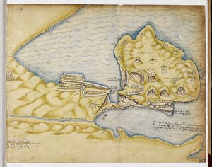 Plán Tintagelu Richarda Grenvilla, kolem roku 1583 (pero a akvarel na papíře) od English School