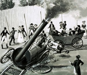 Richard Trevithick postavil v Londýně malou okružní železnici, aby lidem představil cestování po železnici (kvaš na papíře) od English School