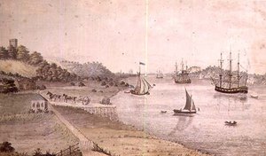 Říční krajina s lodní dopravou a Dover Coach, cca 1800 (pero a mytí) (pár 72977) od English School