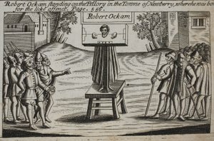 Robert Ockam stojící na pranýři ve městě Newberry, kde se narodil, ilustrace z Acts and Monuments od Johna Foxe, deváté vydání, hospoda. 1684 od English School