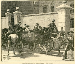 Robert Pates Striking the Queen mimo Cambridge House, ilustrace převzata z The Life and Times of Queen Victoria, Vol. II od Roberta Wilsona, 1888 od English School
