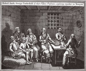 Robert Smith, George Tankerfield a jejich spoluvězni spolu hovoří v Newgate, ilustrace z Foxes Martyrs kolem roku 1703 od English School