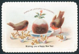 Robins a mláďata při pohledu na usměvavý švestkový pudink, novoroční přání od English School