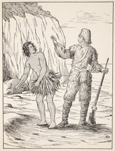 Robinson Crusoe a Friday, ilustrace z Příběhu Robinsona Crusoe: Adaptace pro děti v jazyce Defoes, hospoda. od Griffith Farran Browne & Co. Limited, Londýn od English School