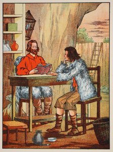 Robinson Crusoe a Friday, ilustrace z Příběhu Robinsona Crusoe: Adaptace pro děti v jazyce Defoes, hospoda. od Griffith Farran Browne & Co. Limited, Londýn od English School