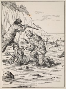 Robinson Crusoe a Pátek zachraňující Španěla, ilustrace z Příběhu Robinsona Crusoe: Adaptace pro děti v jazyce Defoes, hospoda. od Griffith Farran Browne & Co. Limited, Lo od English School