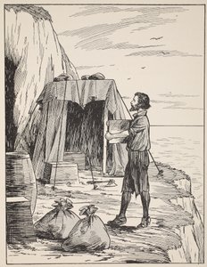 Robinson Crusoe staví svůj přístřešek, ilustrace z Příběhu Robinsona Crusoe: Adaptace pro děti v jazyce Defoes, hospoda. od Griffith Farran Browne & Co. Limited, Londýn od English School