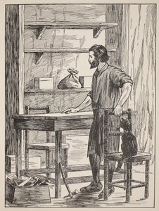 Robinson Crusoe stavební stůl a židle do své jeskyně, ilustrace z Příběhu Robinsona Crusoe: Adaptace pro děti v jazyce Defoes, hospoda. od Griffith Farran Browne & Co. Limit od English School