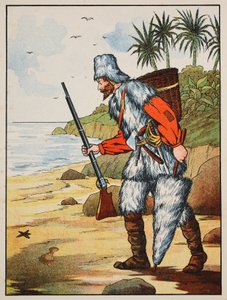 Robinson Crusoe, ilustrace z Příběhu Robinsona Crusoe: Adaptace pro děti v jazyce Defoes, hospoda. od Griffith Farran Browne & Co. Limited, Londýn od English School