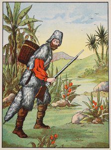 Robinson Crusoe, ilustrace z Příběhu Robinsona Crusoe: Adaptace pro děti v jazyce Defoes, hospoda. od Griffith Farran Browne & Co. Limited, Londýn od English School
