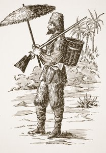 Robinson Crusoe, ilustrace z Příběhu Robinsona Crusoe: Adaptace pro děti v jazyce Defoes, hospoda. od Griffith Farran Browne & Co. Limited, Londýn od English School