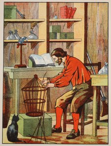 Robinson Crusoe vyrábí klec pro svého papouška, ilustrace z Příběhu Robinsona Crusoe: Adaptace pro děti v jazyce Defoes, hospoda. od Griffith Farran Browne & Co. Limited, Londýn od English School