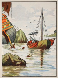 Robinson Crusoe zachraňující psa ze španělského ztroskotání, ilustrace z Příběhu Robinsona Crusoe: Adaptace pro děti v jazyce Defoes, hospoda. od Griffith Farran Browne & Co. Limi od English School
