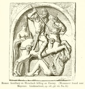 Roman Auxiliary on Horseback zabíjející nepřítele. (Pomník nalezen poblíž Mayence. Lindenschmit, op. cit., vii. č. 3) od English School