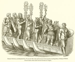 Římský generál, doprovázený standardními nosiči a obyčejnými legionáři, přistávající z mostu člunů od English School