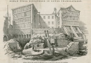 Římská vila objevená v Lower Thames Street, Londýn: Celkový pohled na zbytky římské vily na místě nové uhelné burzy od English School