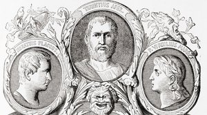 Římští autoři, zleva doprava, Horace, Terence a Virgil, z Ward a Lockových Ilustrovaných dějin světa, pub. c.1882 od English School