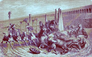 Římské veřejné hry pod říší - závod vozů v cirkuse, ilustrace z Ilustrované historie světa, vydané kolem roku 1880 (digitálně vylepšený obrázek) od English School