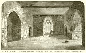 Pokoj v Beauchamp Tower, Tower of London, ve kterém byl uvězněn Lord Guildford Dudley, 1554 od English School