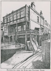 Rotherhithe od řeky Temže poblíž Platform Wharf; Anděl od English School