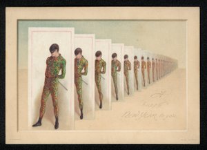 Řada karet s obrázkem maskovaného muže, novoroční přání (chromolitho) od English School