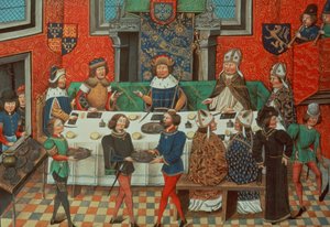Roy 14 E IV f.244v Vévoda z Lancasteru večeří s portugalským králem, ze sv. III 