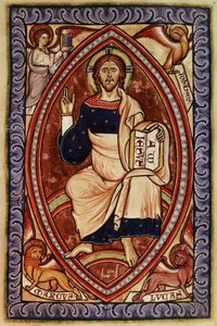Roy 2 A XXII f.14 Kristus ve majestátu se symboly evangelistů, z Westminsterského žaltáře, kolem 1250 (vellum) od English School