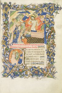 Roy 2 B I f.8 Korunovaná postava podepřená šedým vousatým světcem klečícím před obrazem Pity, ze žaltáře Humphreyho vévody z Gloucesteru, kolem 1420-30 (vellum) od English School