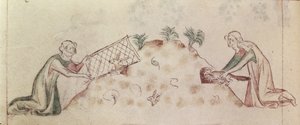 Roy 2 B VII f.155v Ženy chytající králíka sítí a fretku, z 