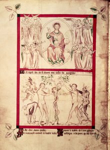 Roy 2 B VII f.3v Bůh v mandorle obklopený anděly hudebníky, Pokušení Evy, od Queen Mary Psalter, c.1310-20 (vellum) od English School