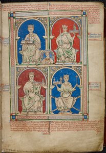 Royal 14 C. VII, f.9 Čtyři králové Anglie: Jindřich II., Richard I., Jan a Jindřich III. s Westminsterským opatstvím, z 