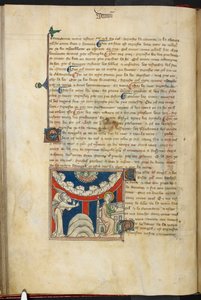 Royal 19 B.XV, f.17v Lví tlama a na obráceném oblouku mraků šest hlav představujících sedm hromů: dole, vlevo anděl a vpravo Jan, který se chystá zapsat do knihy, z 