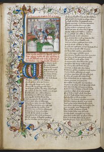 Royal MS 18 D II, f.66v, miniatura Hectora zabíjejícího Patrokla, s iluminovanou iniciálou 