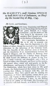 Královský projev k oběma komorám parlamentu, 2. května 1745 (tisk) od English School