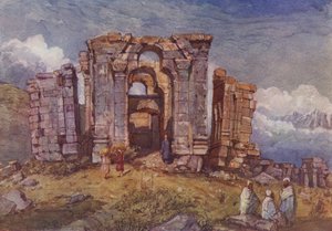Ruiny chrámu Martand Sun Temple, Kašmír (barevné lito) od English School