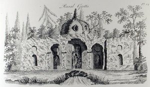 Venkovská jeskyně, z „Grotesque Architecture or Rural Amusement“, od Williama Wrighta, publikovaná kolem roku 1767-90 (rytina) (černobílá fotografie) od English School