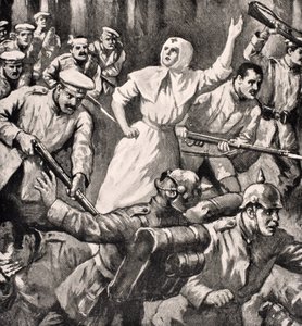 Ruská zdravotní sestra Mira Miksailovič Ivanoff vede muže proti Němcům, 1915, z ‚The War Illustrated Album deLuxe‘ vydané v Londýně, 1916 od English School