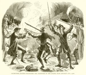 Sacheverel Rioters ničící nábytek kaple poblíž Lincolns Inn, 1710 od English School