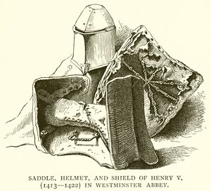 Sedlo, helma a štít Jindřicha V. (1413--1422) ve Westminsterském opatství od English School