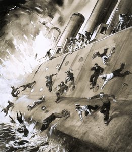 Námořníci prchající z lodi HMS Natal, která v roce 1915 začala hořet v Cromarty Firth od English School