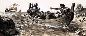 Saint Malo uteče před záškodnickými Vikingy (kvaš na papíře) od English School