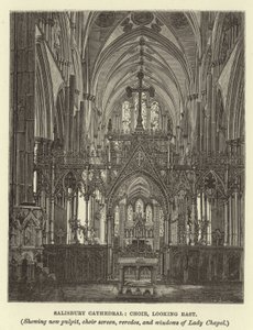 Katedrála v Salisbury, chór, při pohledu na východ, ukazuje novou kazatelnu, zástěnu chóru, rereda a okna Lady Chapel od English School