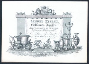 Samuel Keeley, zlatník, klenotník, stříbrník a nožíř, obchodní karta od English School
