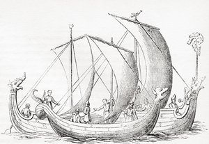 Saské lodě, po rytině ve Struttově kronice Anglie, ze staré Anglie: Obrazové muzeum, hospoda. 1847 od English School