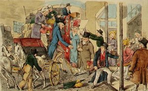 Scéna v Inn Yard, The Arrival of a Coach, c.1820 (pero, inkoust a akvarel na papíře) od English School