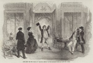 Scéna z nového dramatu „The Evil Genius“ v divadle Haymarket (rytina) od English School