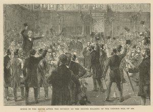Scéna v Dolní sněmovně po rozdělení ve druhém čtení reformního zákona z roku 1866 od English School